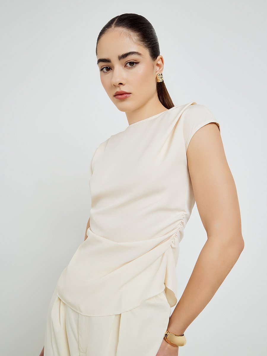 Beige Pleated Sleeveless Blouse