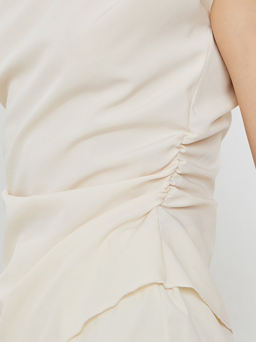 Beige Pleated Sleeveless Blouse