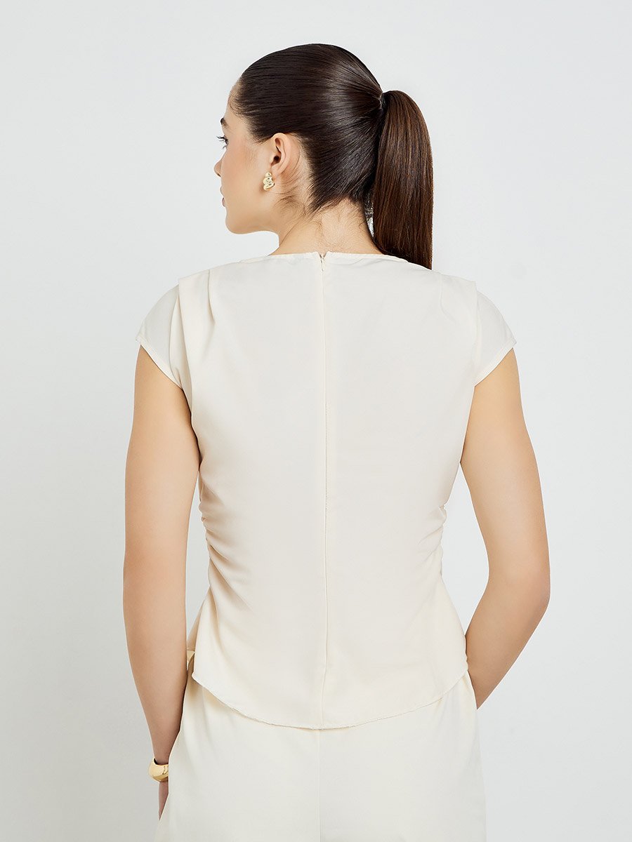 Beige Pleated Sleeveless Blouse