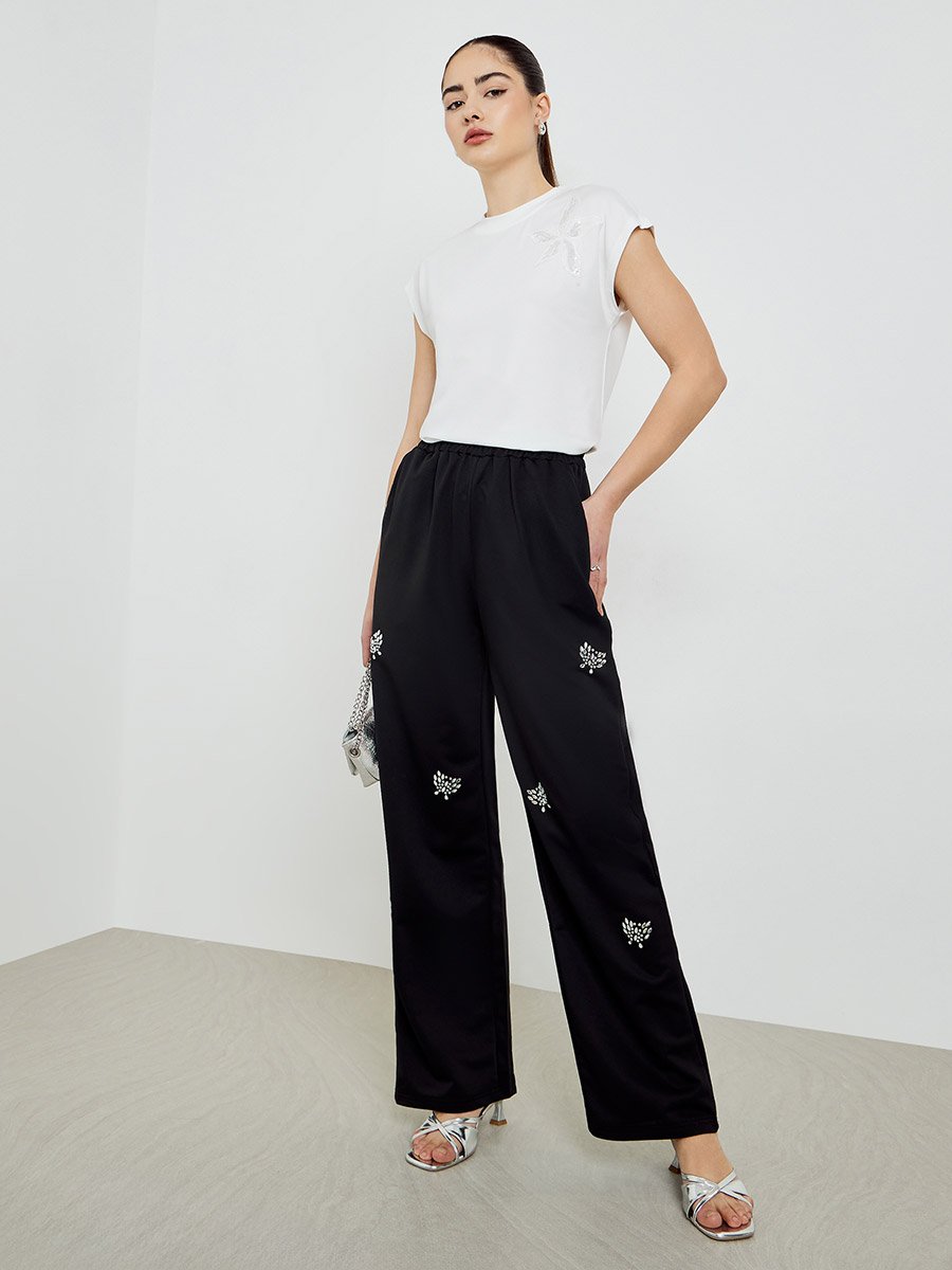 Black Rhinestone Loose Fit Joggers with Pockets