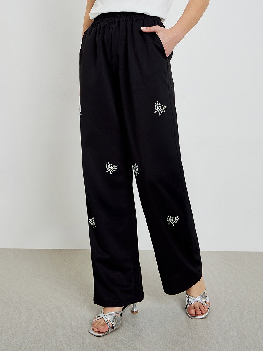 Black Rhinestone Loose Fit Joggers with Pockets