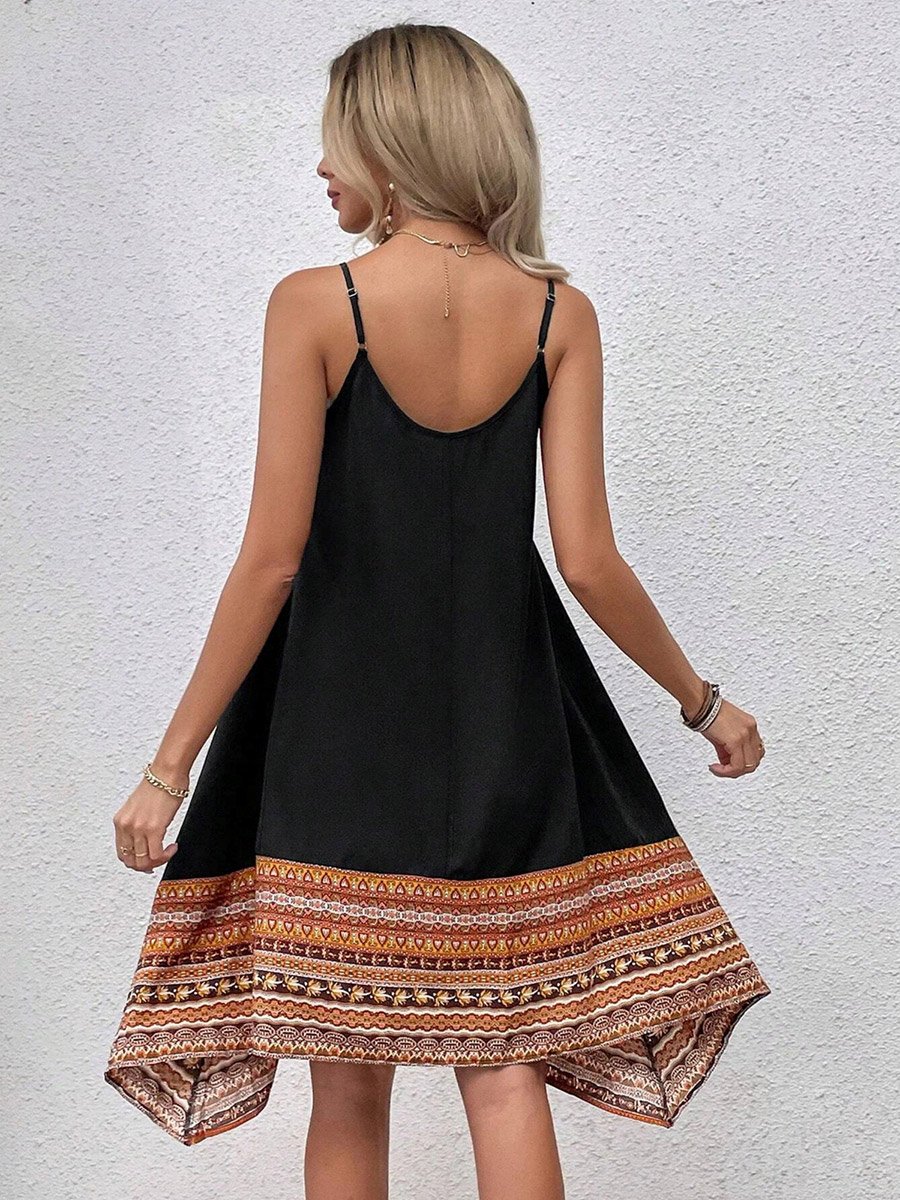 Women Black Printed Hem Strappy Knee-Length Dress