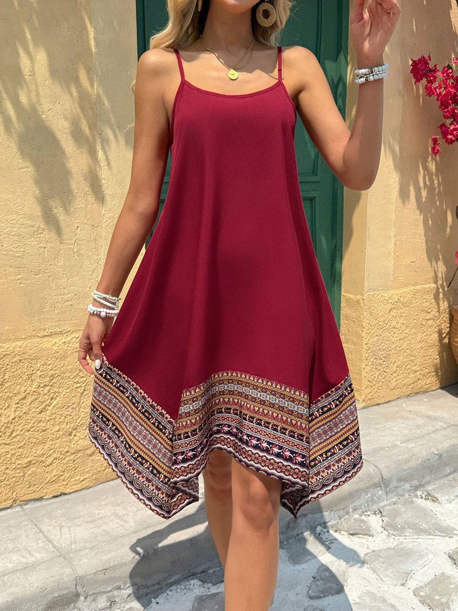 Women Burgundy Printed Hem Strappy Knee-Length Dress
