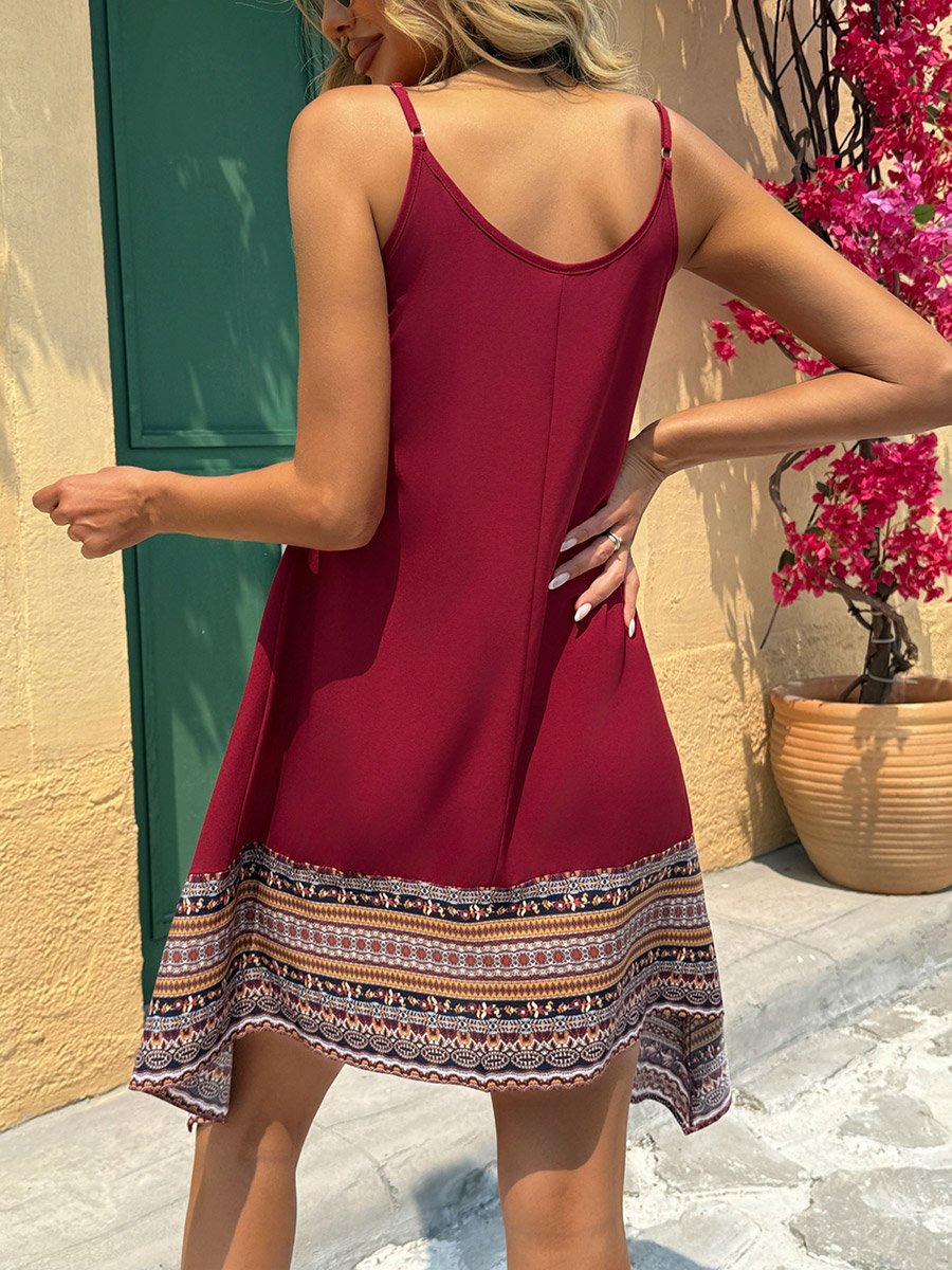 Women Burgundy Printed Hem Strappy Knee-Length Dress