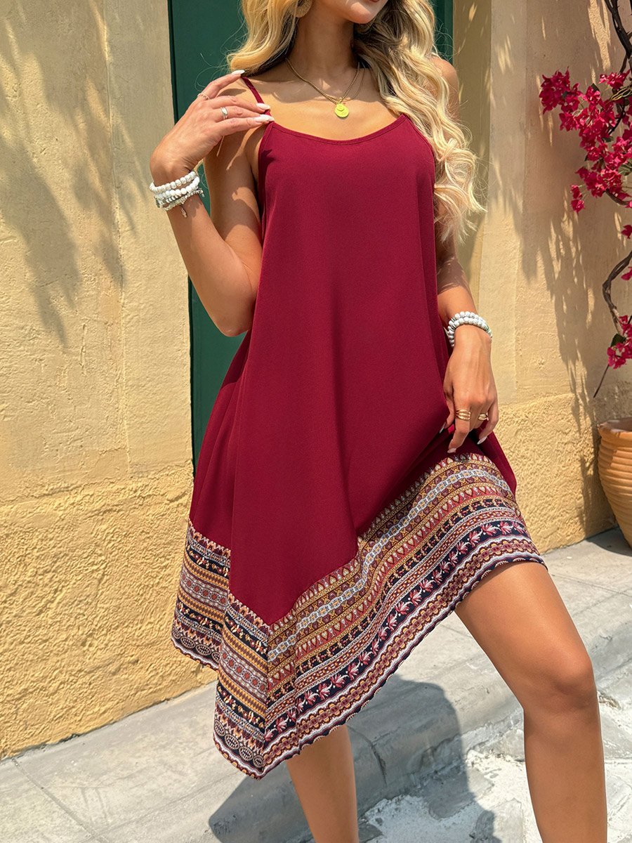 Women Burgundy Printed Hem Strappy Knee-Length Dress