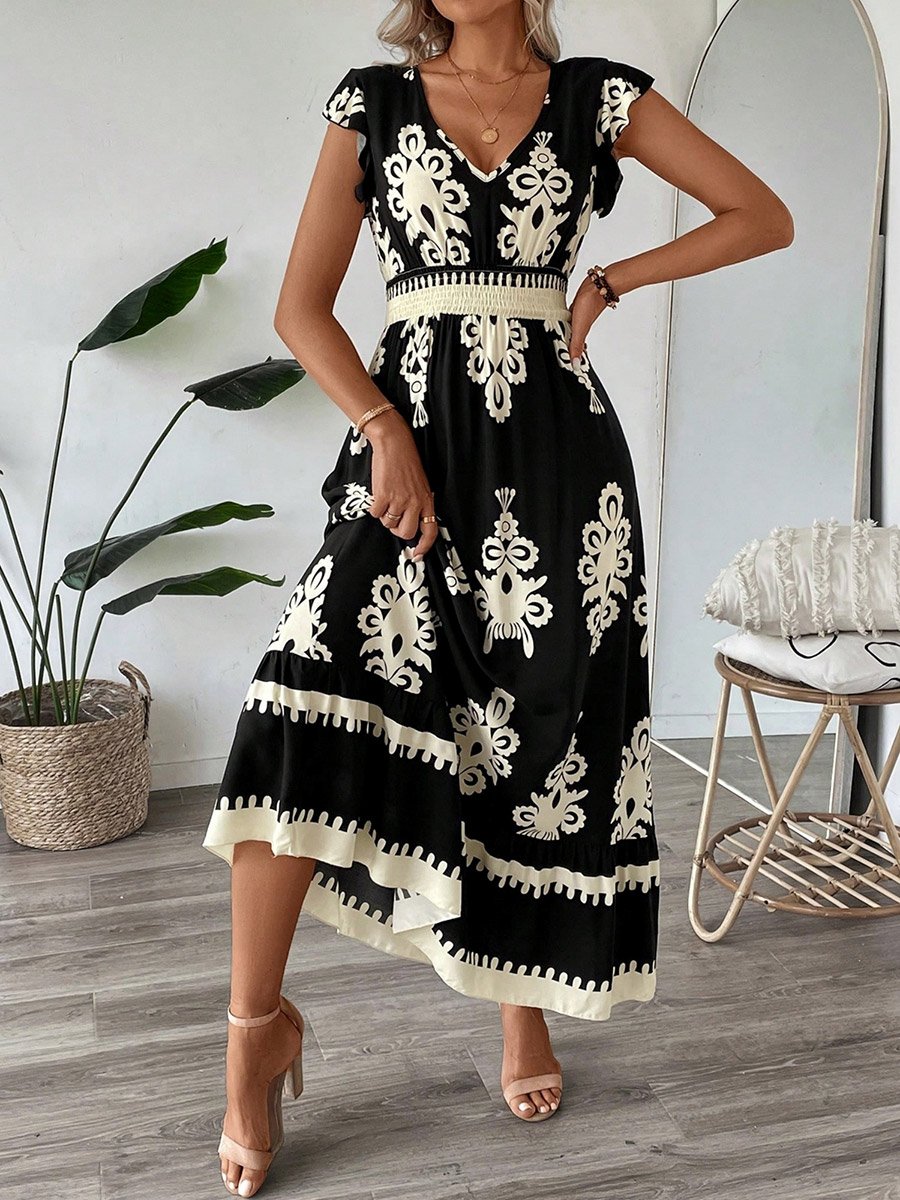 Women Black Graphic Print Elastic Waist Maxi Dress