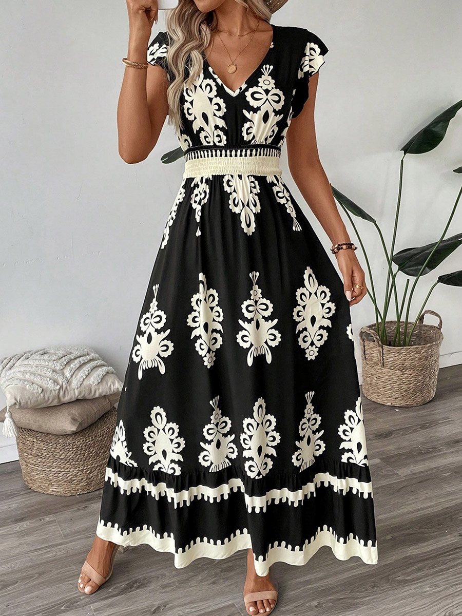 Women Black Graphic Print Elastic Waist Maxi Dress