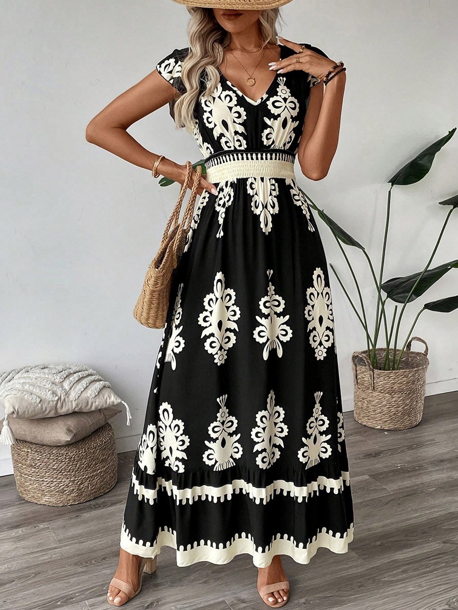 Women Black Graphic Print Elastic Waist Maxi Dress