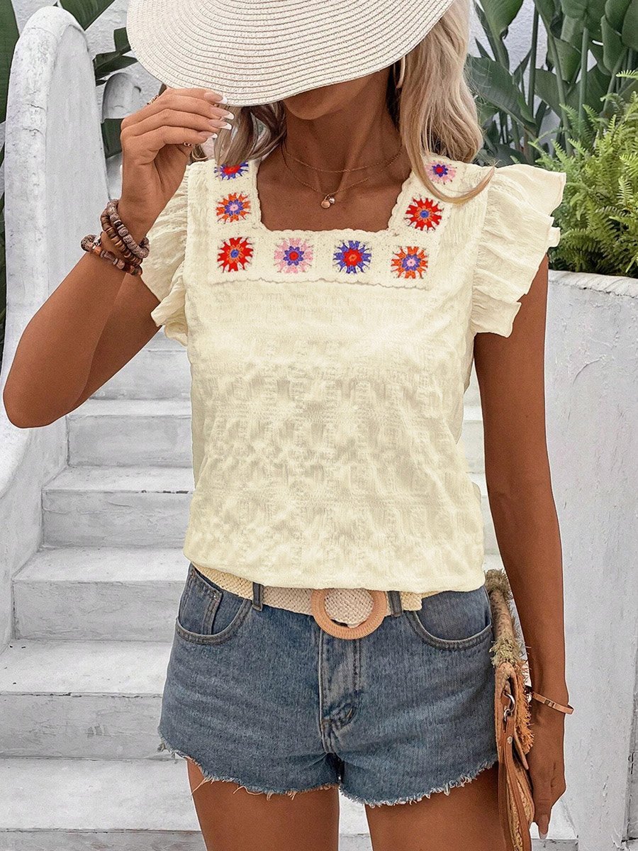 Women Beige Texture Embroidered Top
