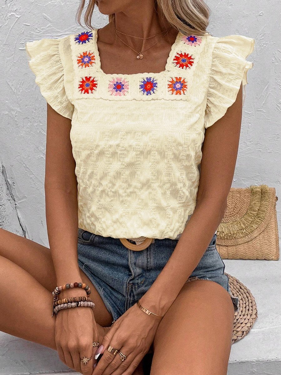 Women Beige Texture Embroidered Top