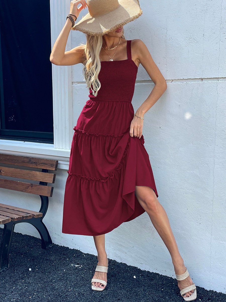 Women Burgundy Smocked Strappy Tiered Midi Dress For Women at UAE | Styli Women Burgundy Smocked Strappy Tiered Midi Dress For Women at UAE | Styli