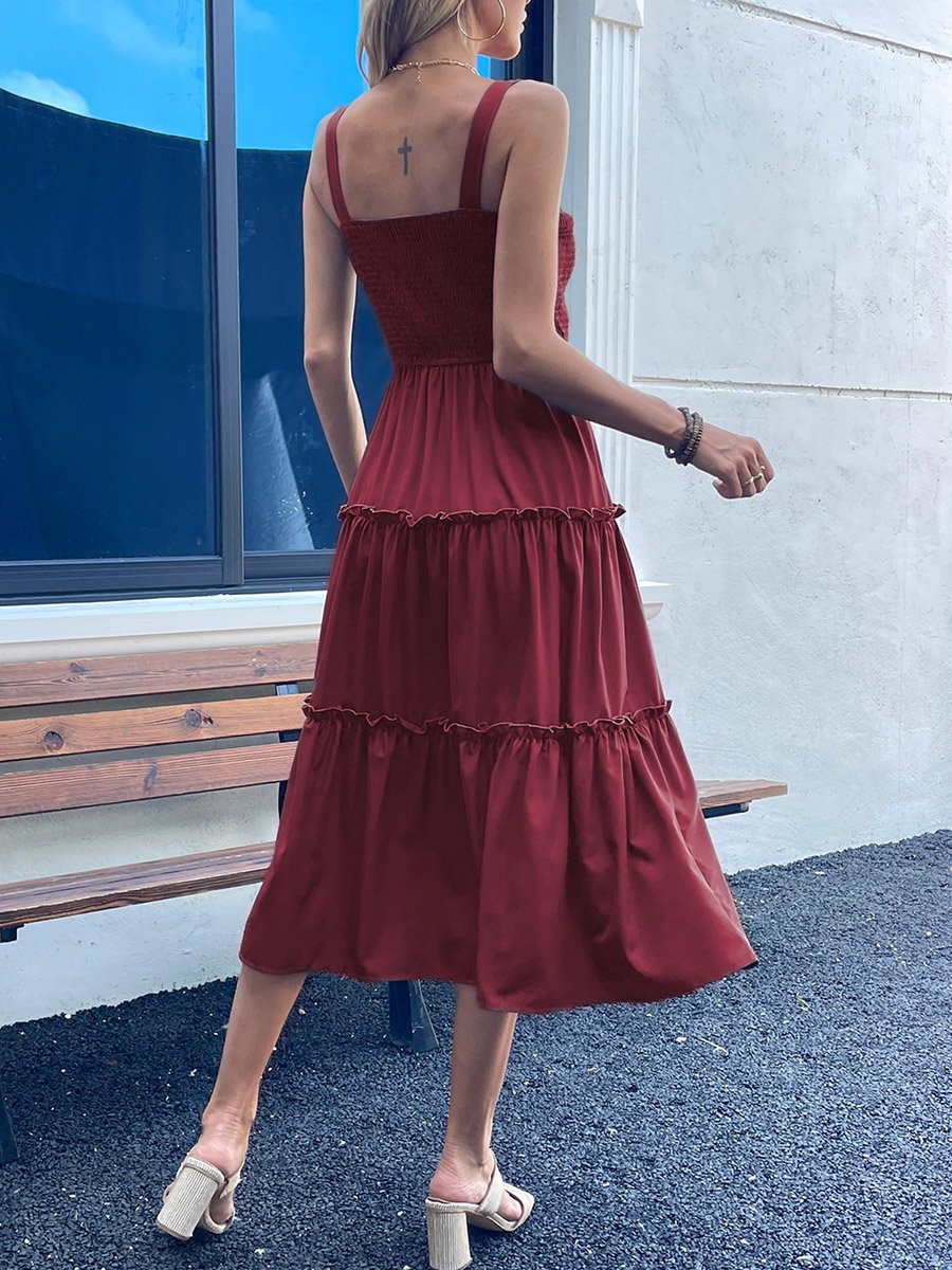 Women Burgundy Smocked Strappy Tiered Midi Dress For Women at UAE | Styli