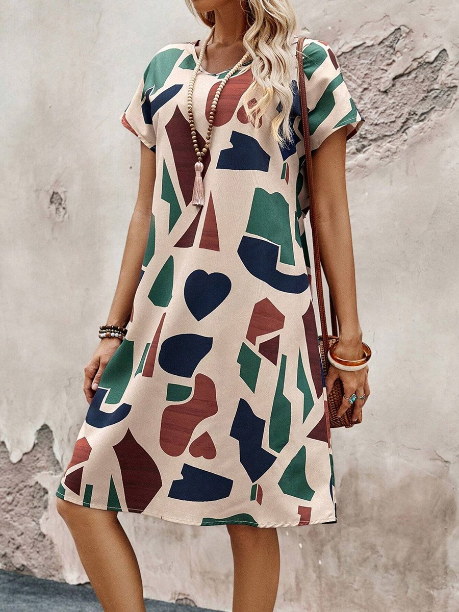 Women Color Block Short Sleeve Knee-Length Dress