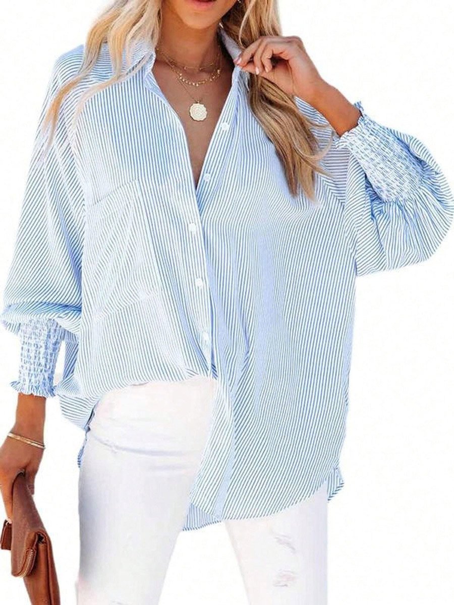 Blue Striped Pocket Detail Long Sleeve Shirt