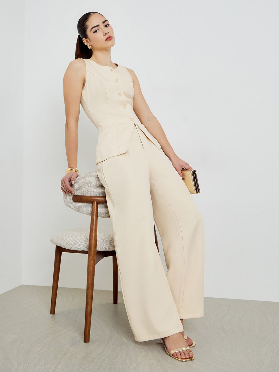 Beige Front-Button Waistcoat and Wide Leg Trousers Co-ords