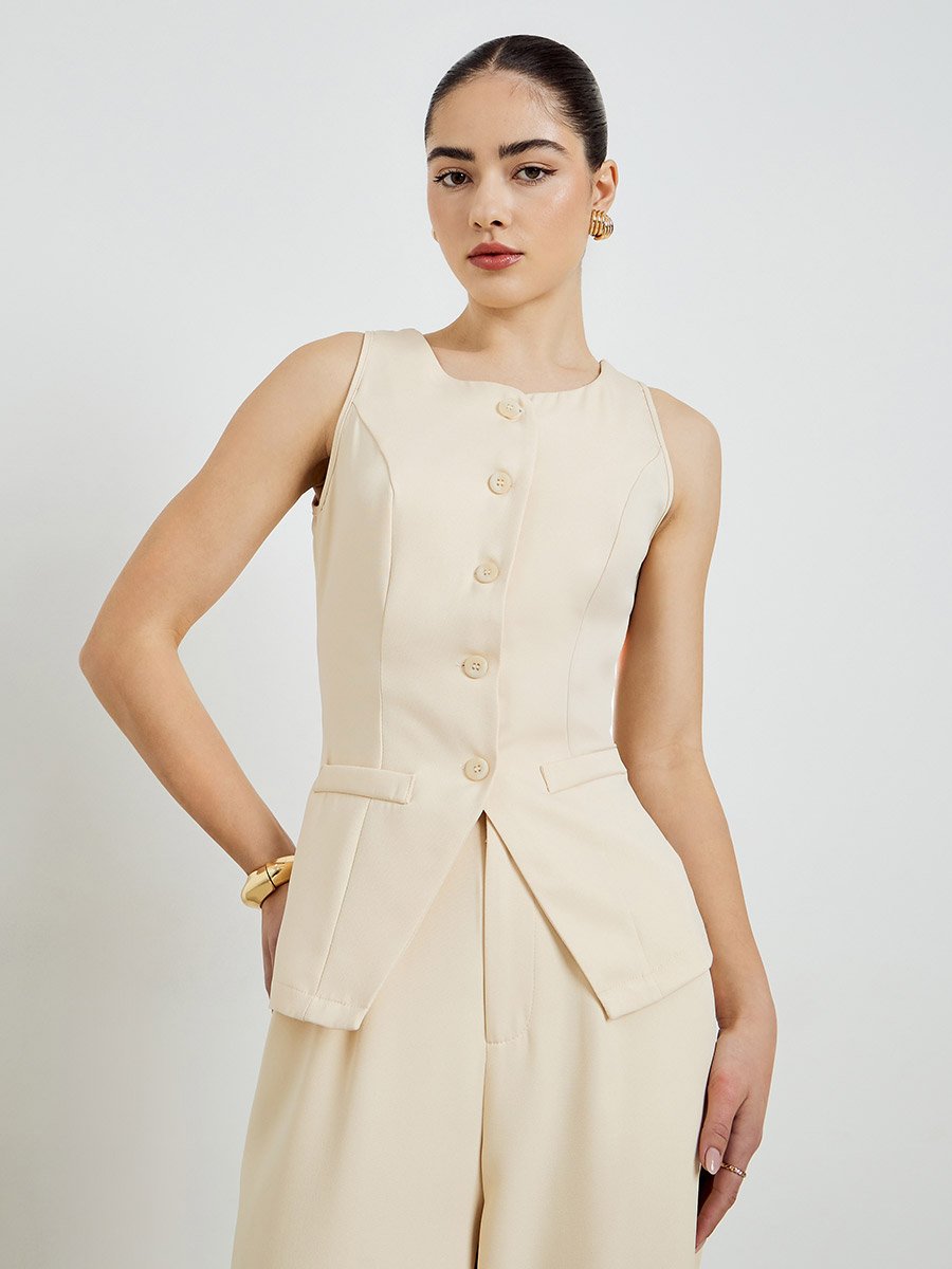Beige Front-Button Waistcoat and Wide Leg Trousers Co-ords