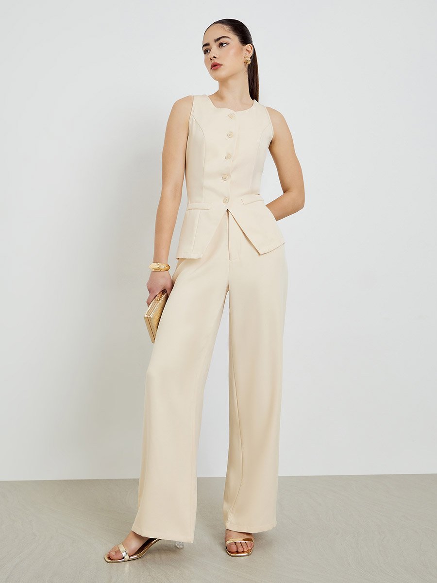 Beige Front-Button Waistcoat and Wide Leg Trousers Co-ords