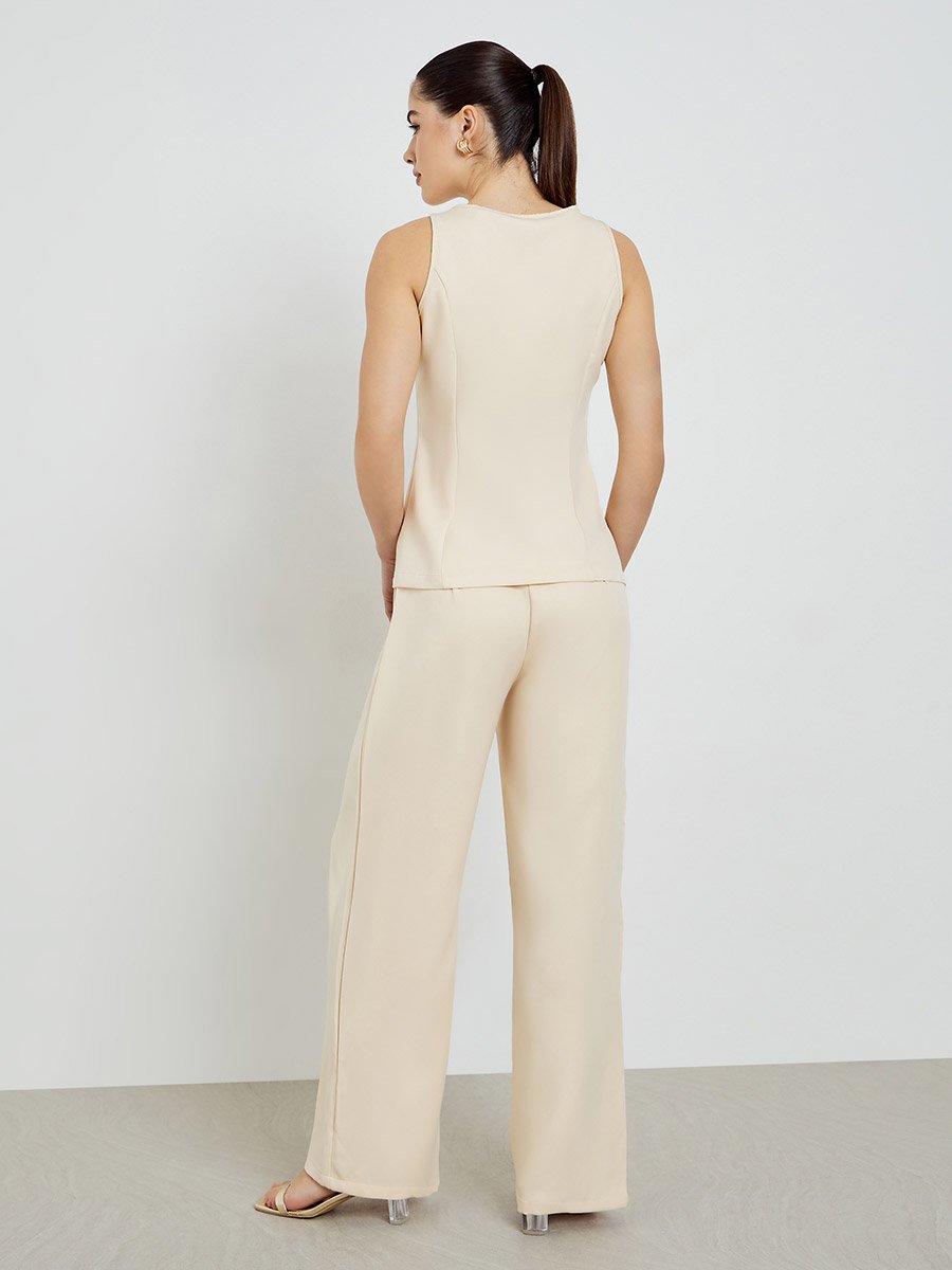 Beige Front-Button Waistcoat and Wide Leg Trousers Co-ords