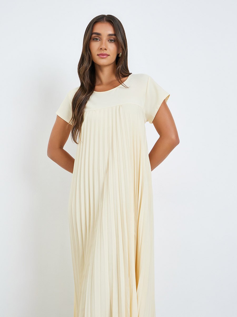 open lace back dress Elegant Cream Pleated Maxi Dress main image 0
