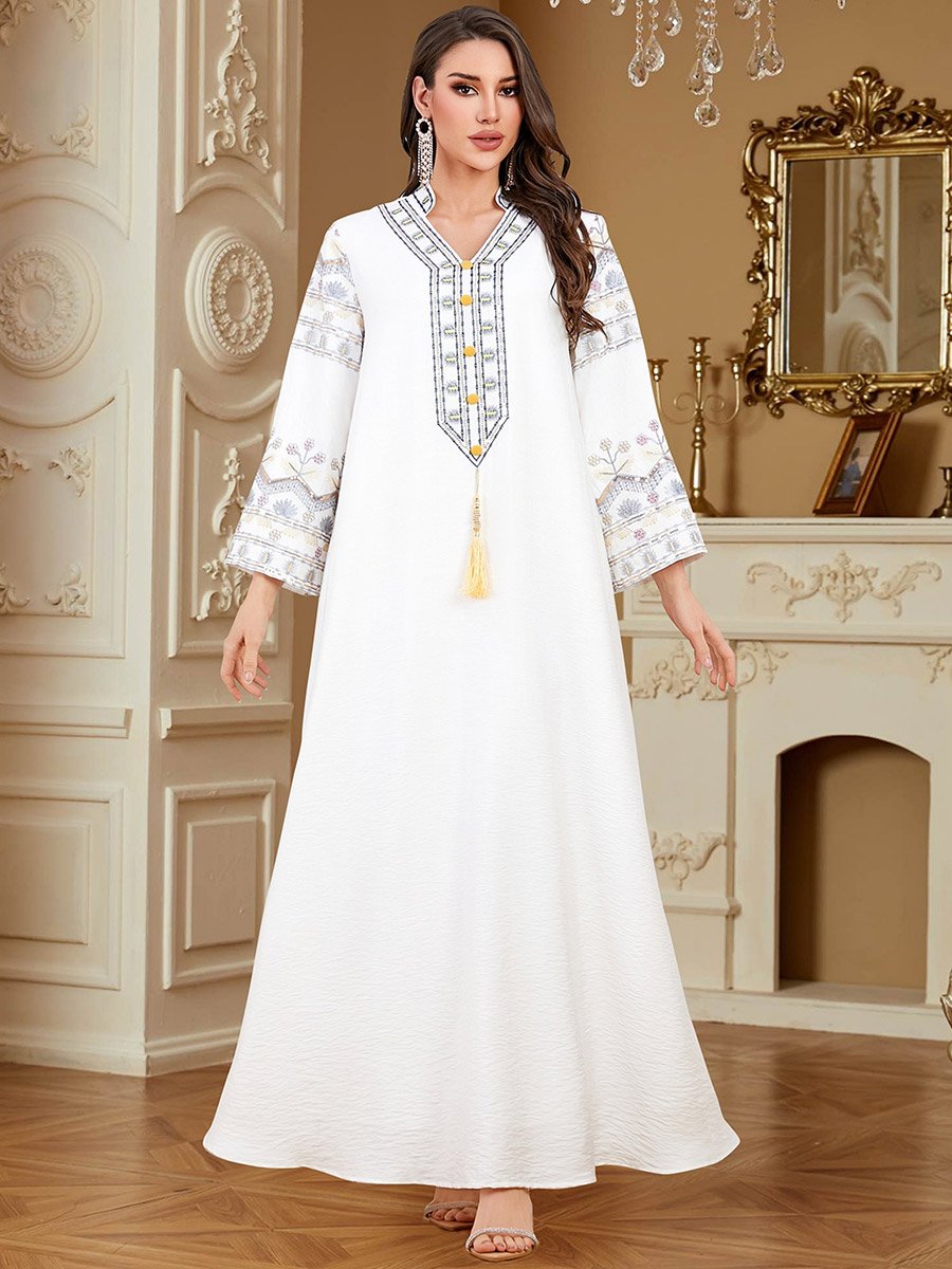 Women White Embroidered A-Line Jalabiya