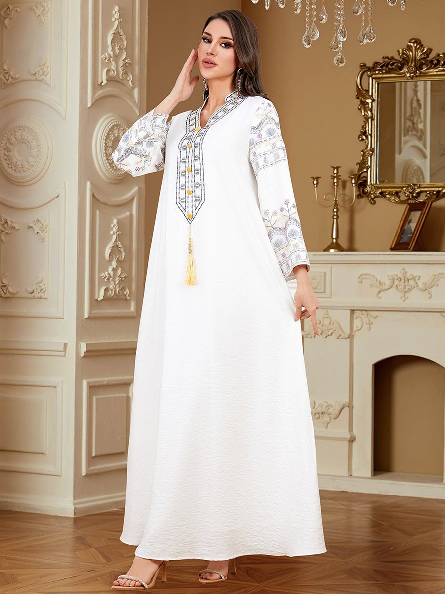 Women White Embroidered A-Line Jalabiya