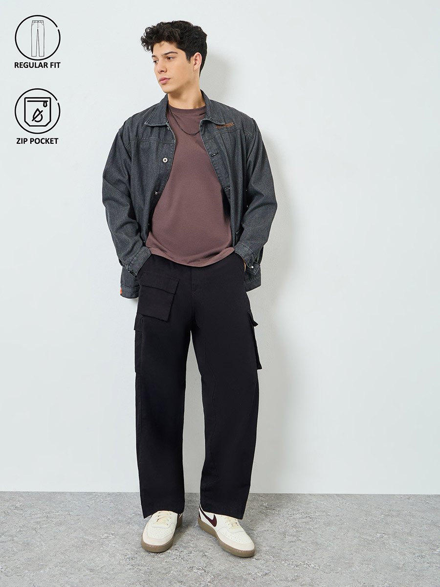Men Black Woven Cotton Baggy Pants