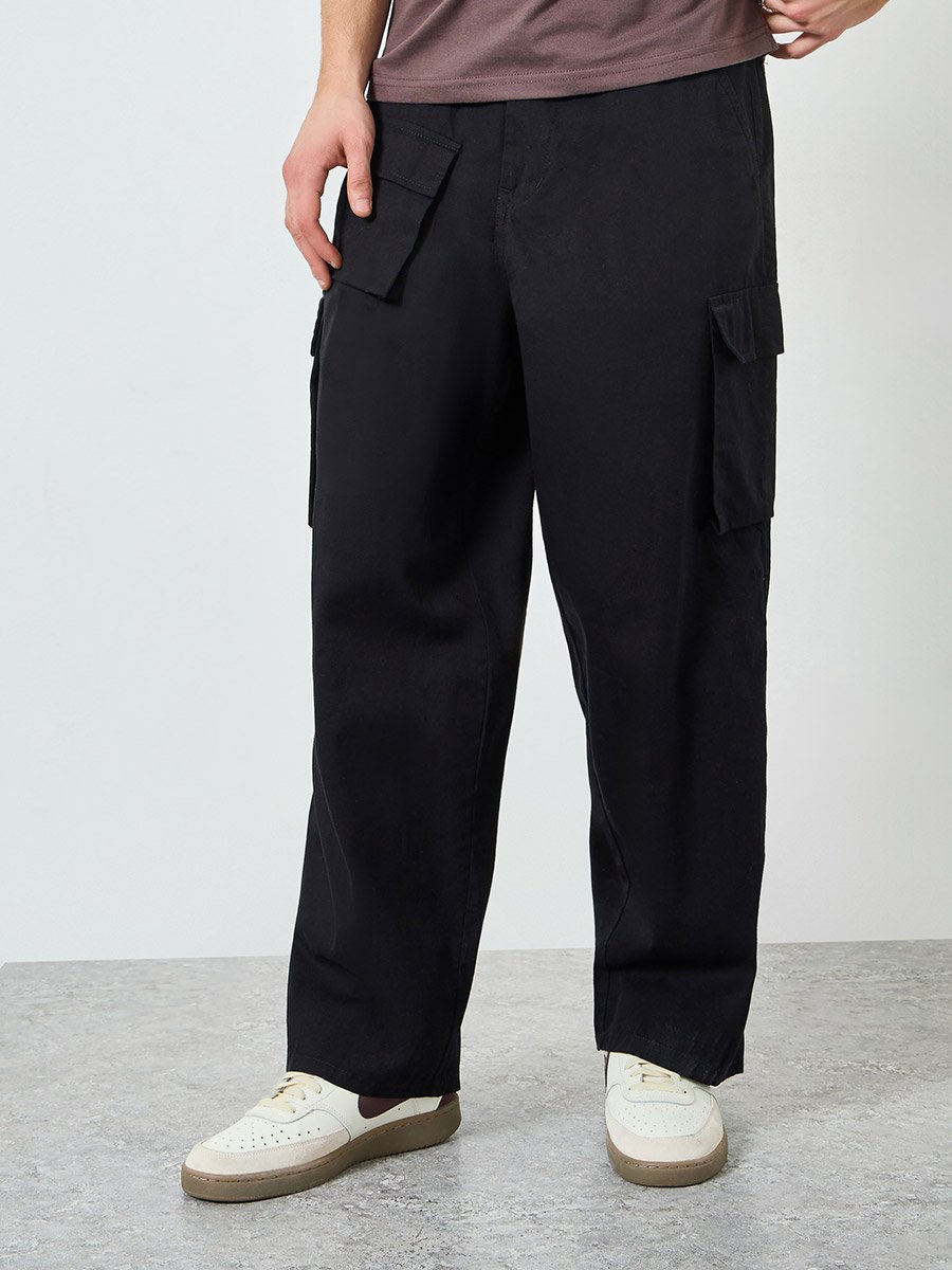 Men Black Woven Cotton Baggy Pants