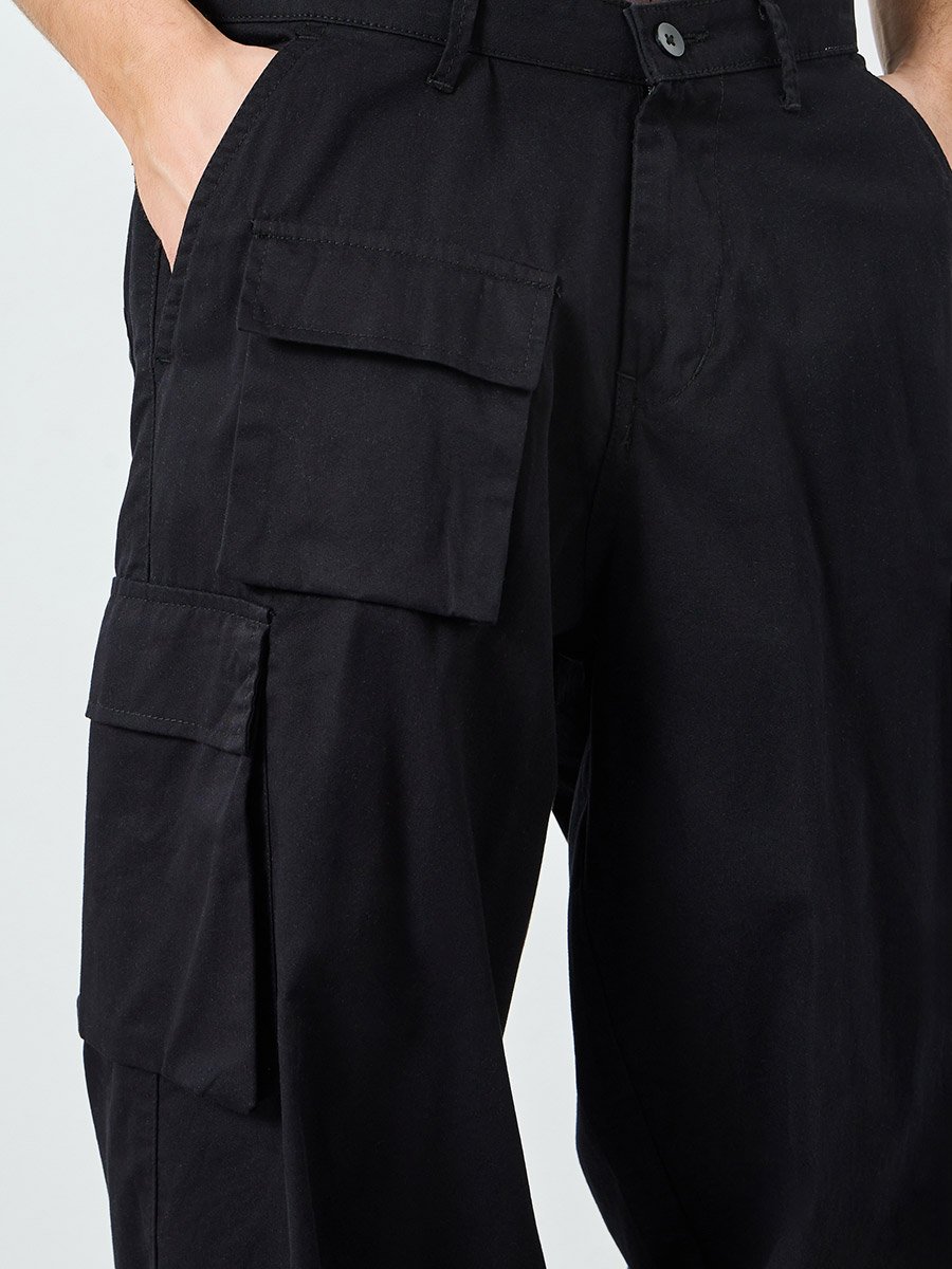 Men Black Woven Cotton Baggy Pants