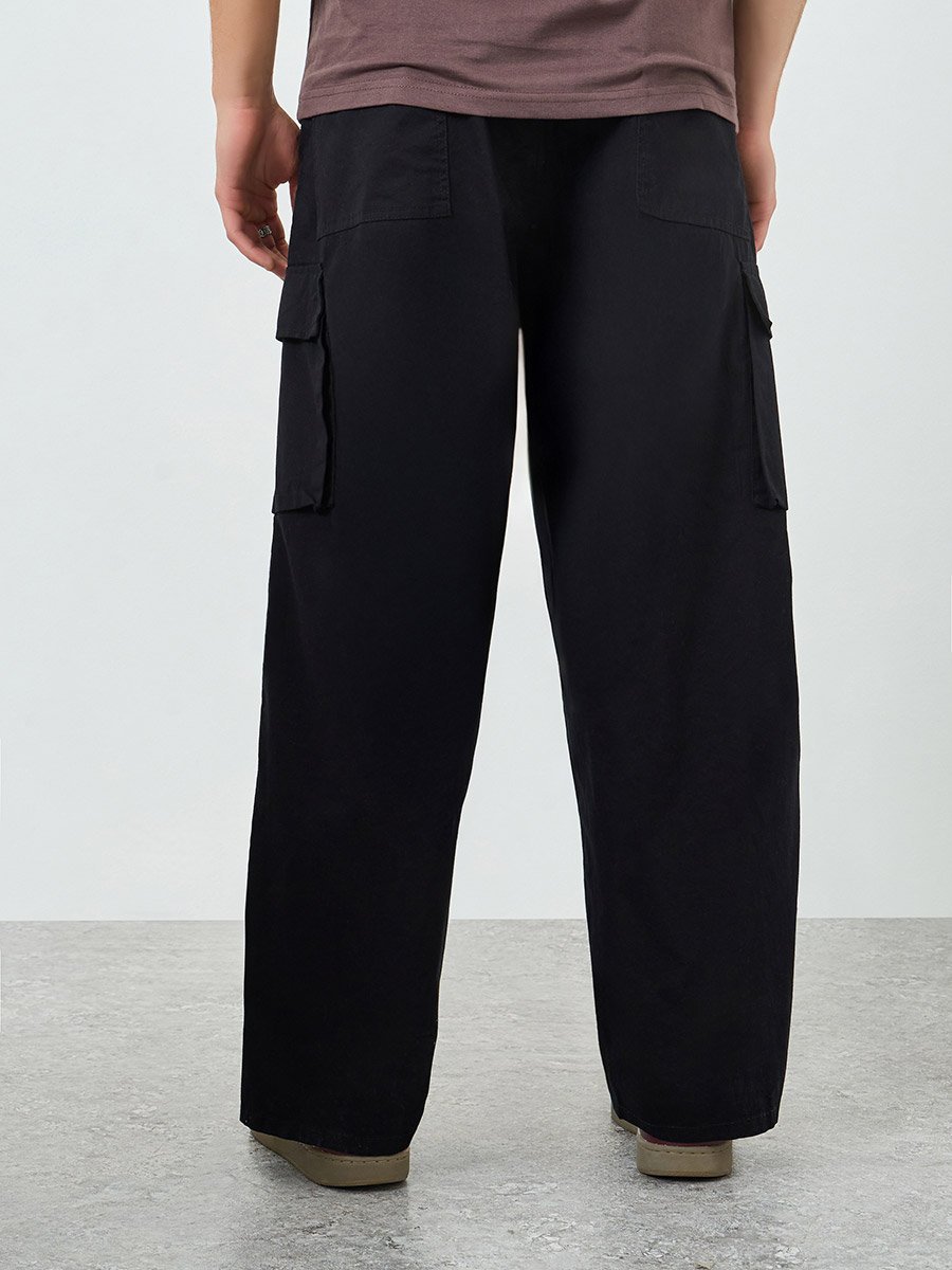 Men Black Woven Cotton Baggy Pants