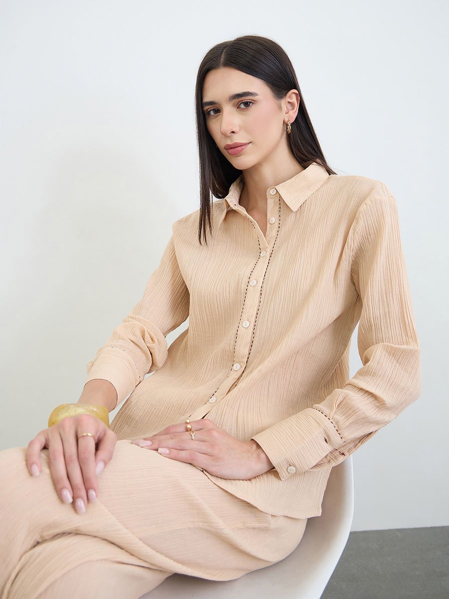 Beige Textured Cotton Shirt and Pants Co-Ord Set