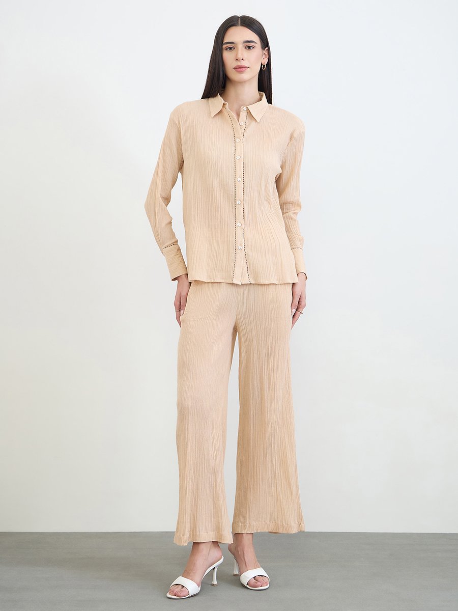 Beige Textured Cotton Shirt and Pants Co-Ord Set