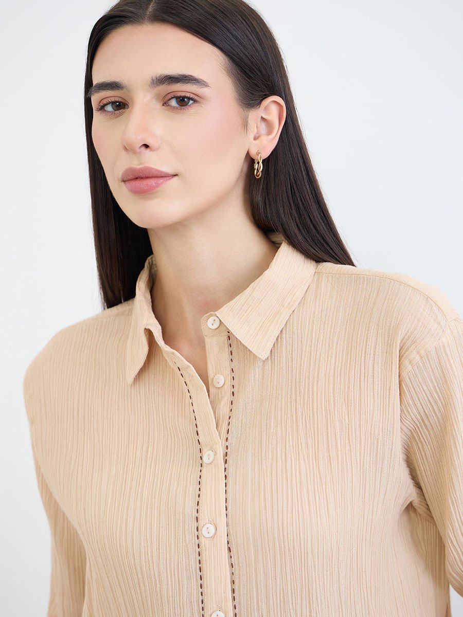 Beige Textured Cotton Shirt and Pants Co-Ord Set