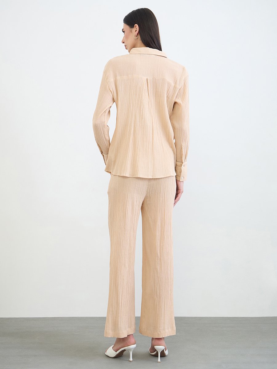 Beige Textured Cotton Shirt and Pants Co-Ord Set