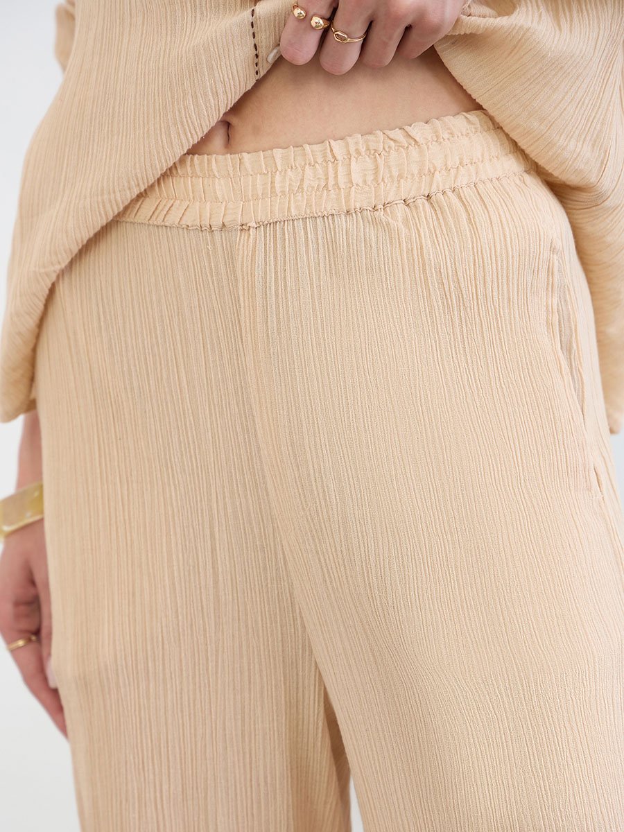 Beige Textured Cotton Shirt and Pants Co-Ord Set