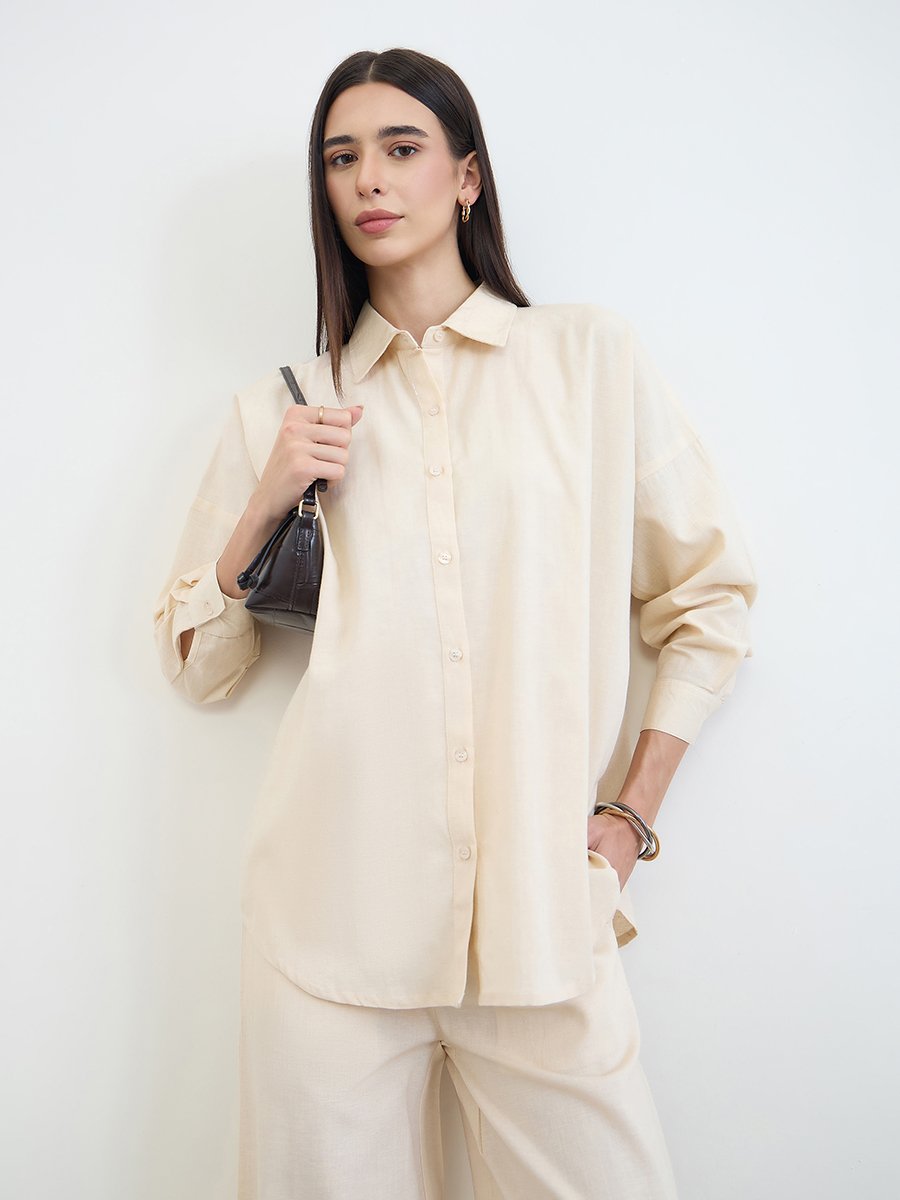 Cream Oversized Cotton Linen Shirt and Pants Co-ord Set