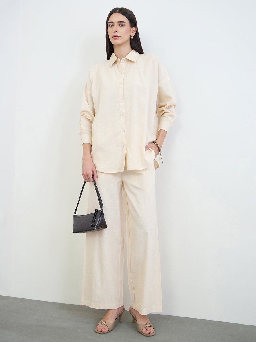 Cream Oversized Cotton Linen Shirt and Pants Co-ord Set
