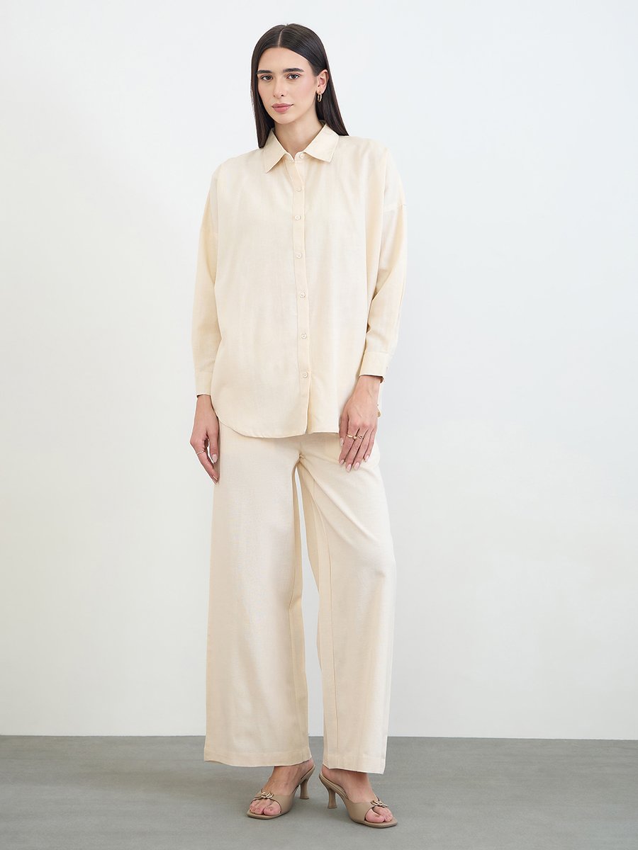 Cream Oversized Cotton Linen Shirt and Pants Co-ord Set