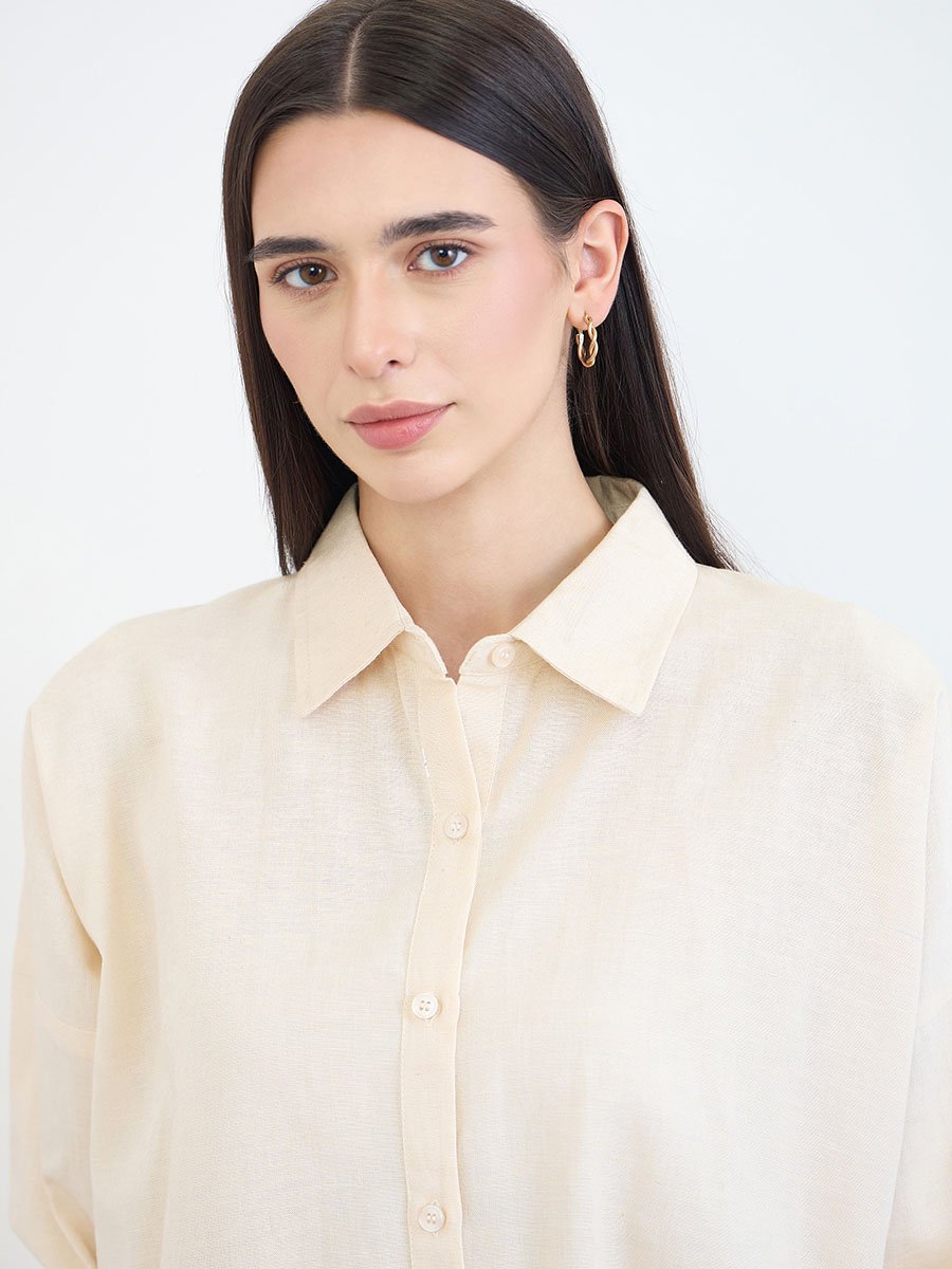 Cream Oversized Cotton Linen Shirt and Pants Co-ord Set