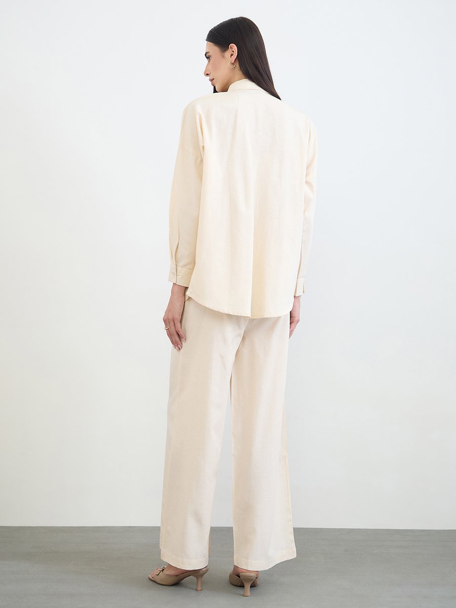Cream Oversized Cotton Linen Shirt and Pants Co-ord Set