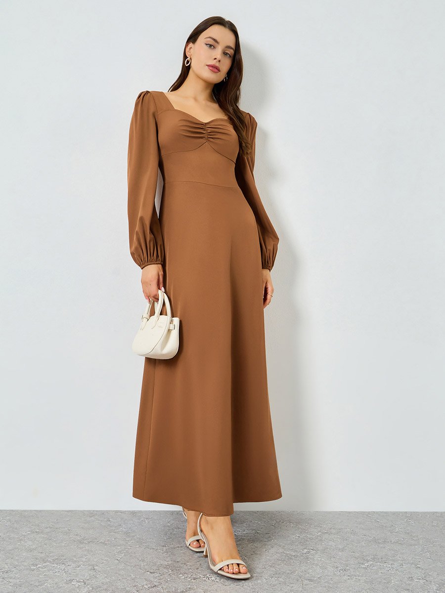 Rust Ruched Neck Balloon Sleeve Maxi Dress