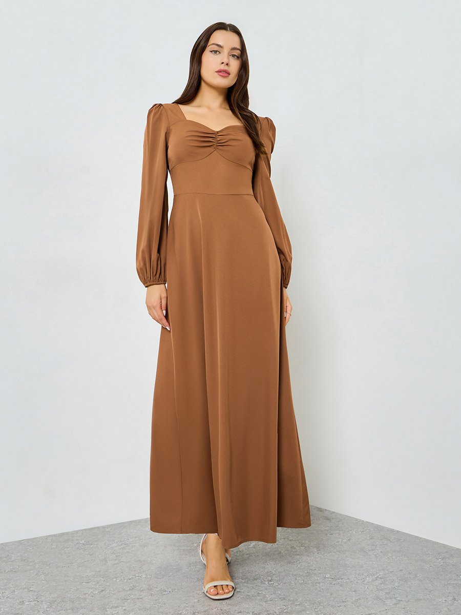 Rust Ruched Neck Balloon Sleeve Maxi Dress