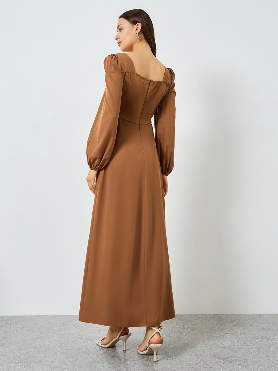 Rust Ruched Neck Balloon Sleeve Maxi Dress