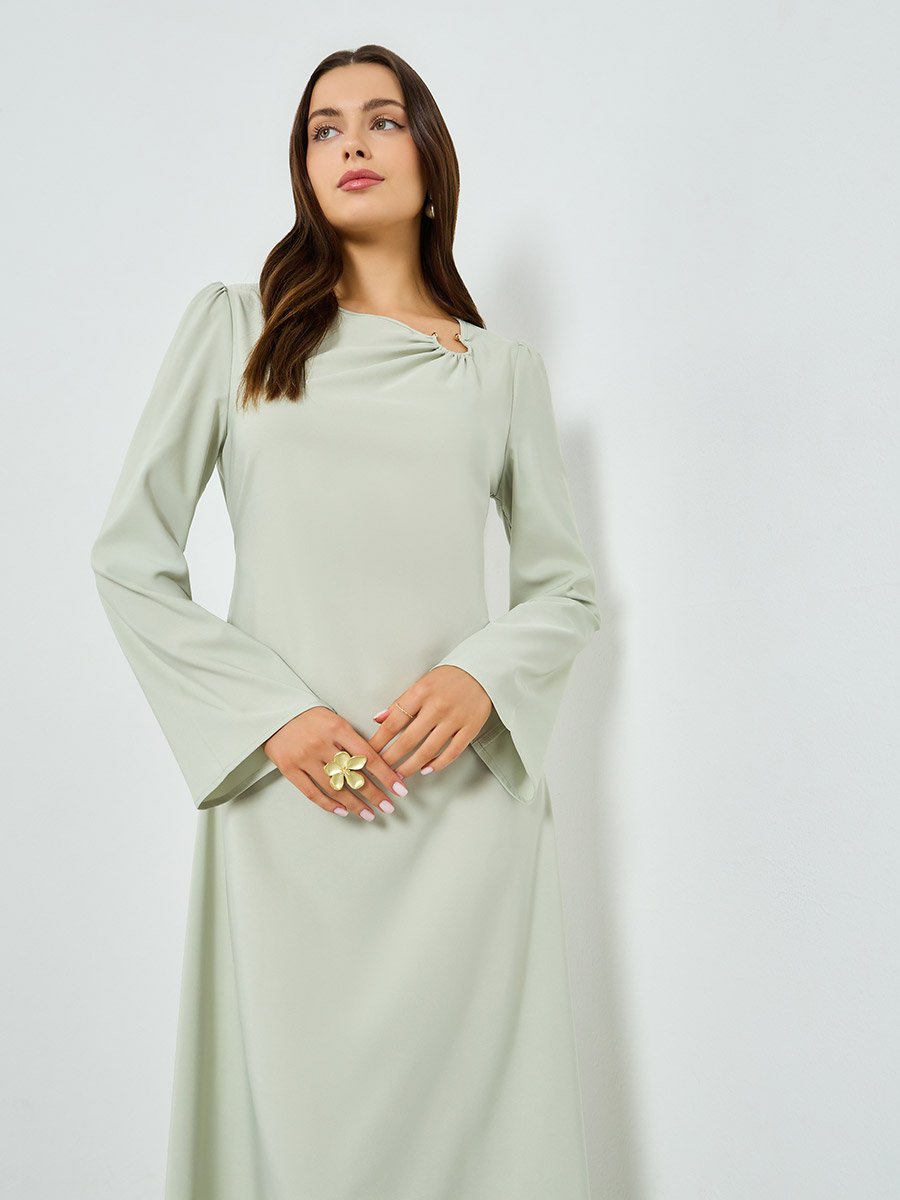 Green Asymmetric Neck Long Sleeve Maxi Dress