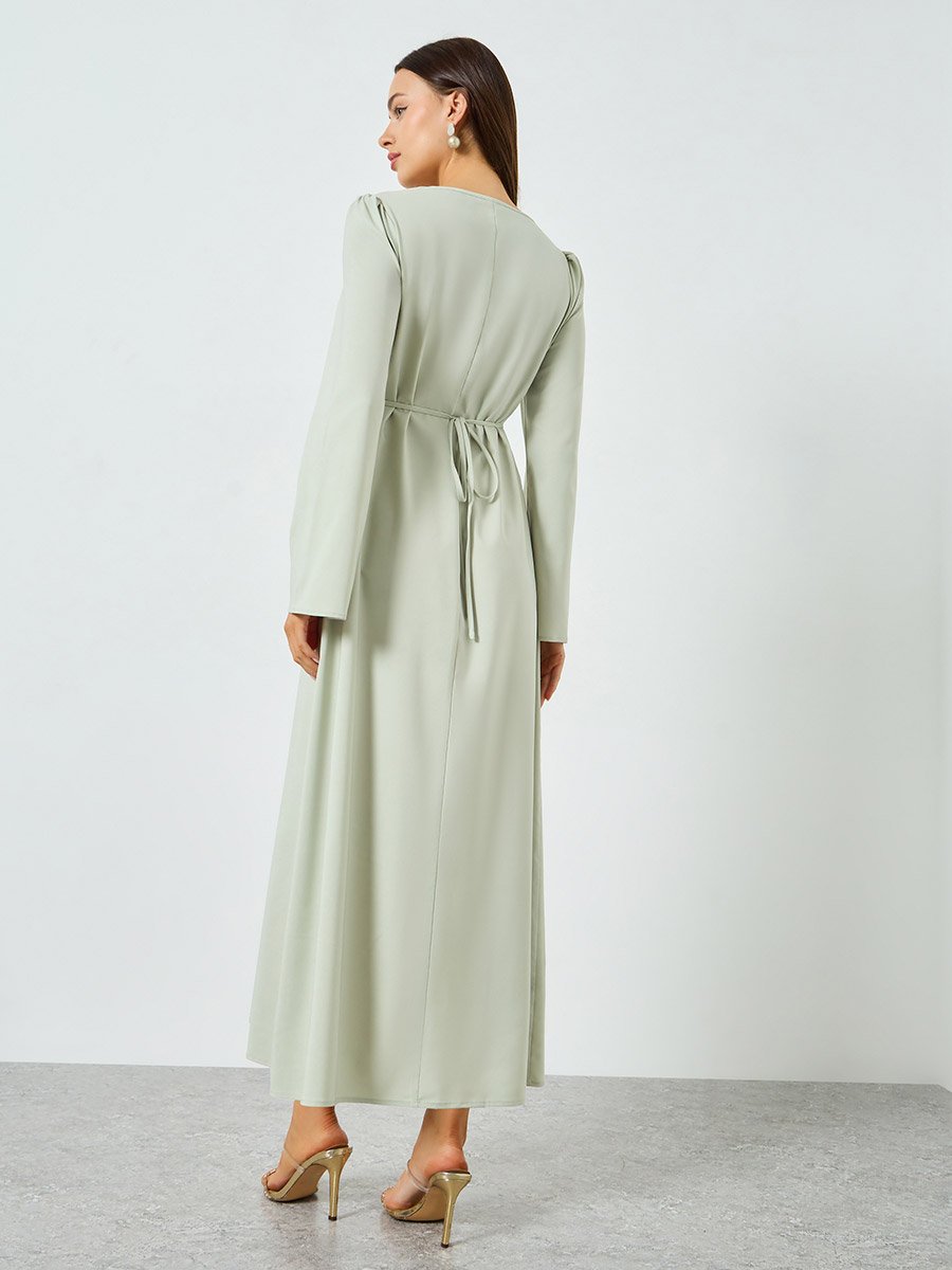 Green Asymmetric Neck Long Sleeve Maxi Dress