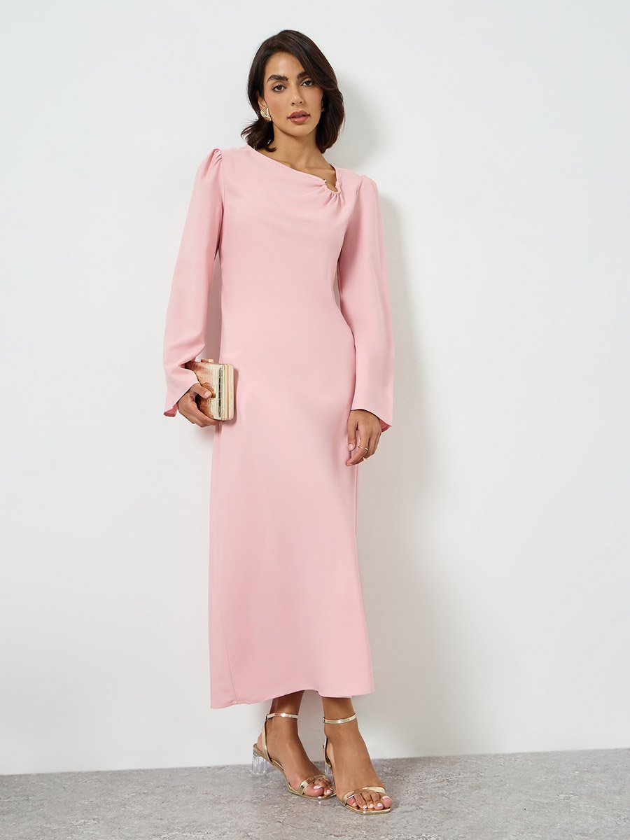 Pink Asymmetric Neck Shift Maxi Dress