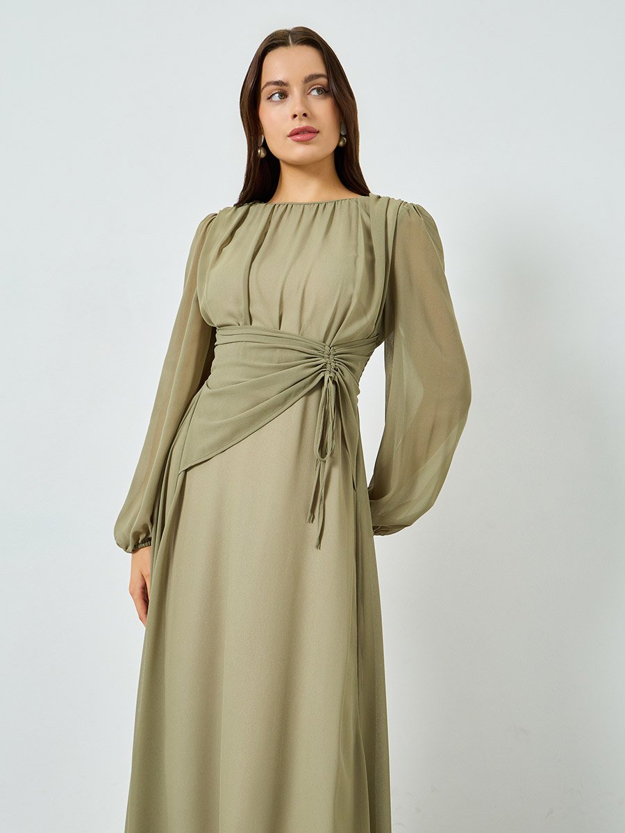 Khaki Balloon Sleeve Ruched Waist A-Line Maxi Dress