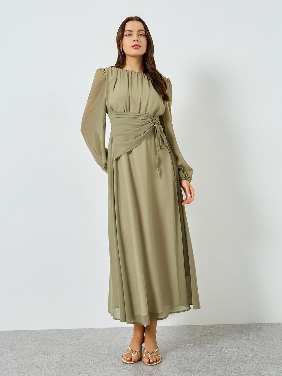 Khaki Balloon Sleeve Ruched Waist A-Line Maxi Dress