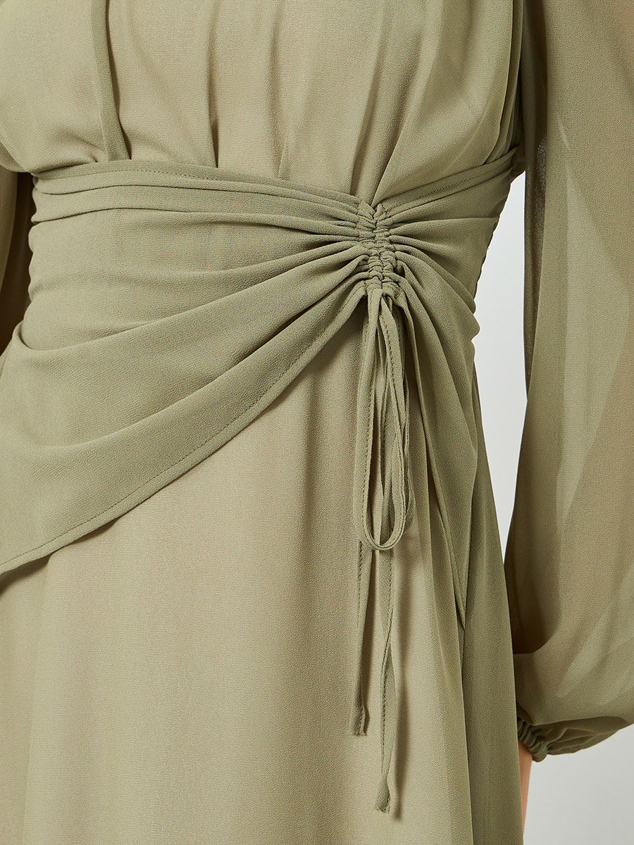 Khaki Balloon Sleeve Ruched Waist A-Line Maxi Dress