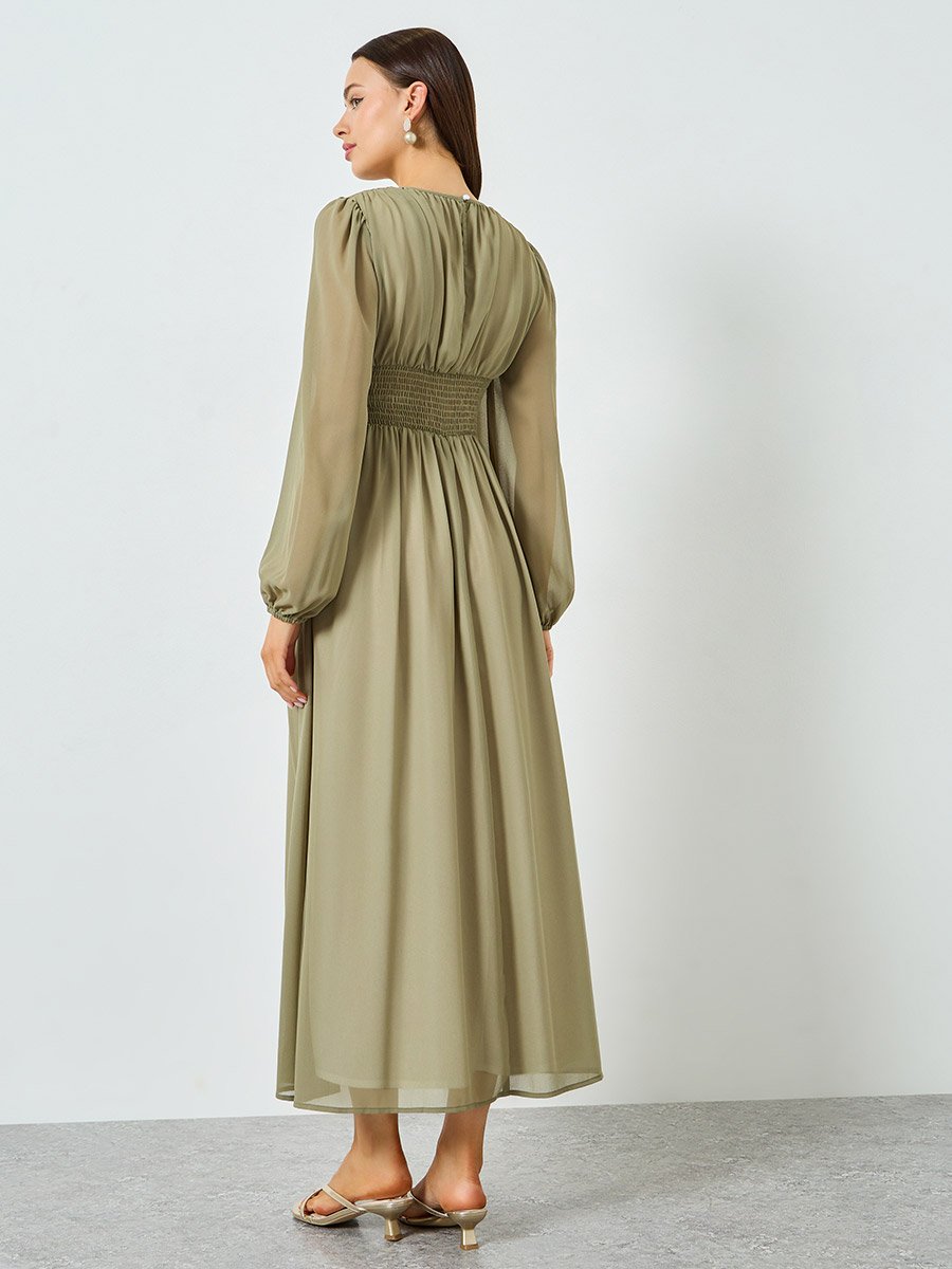 Khaki Balloon Sleeve Ruched Waist A-Line Maxi Dress