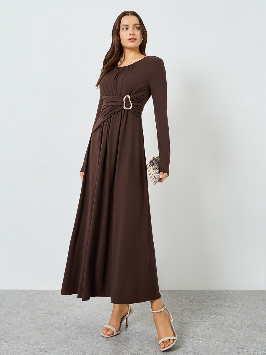 Brown Ruched Detail Long Sleeve Maxi Dress